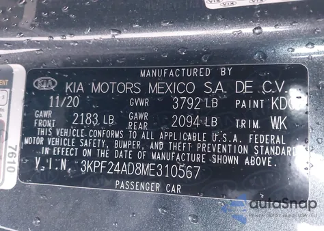 2021 Kia Forte Lxs from USA, damaged, VIN 3KPF24AD8ME310567